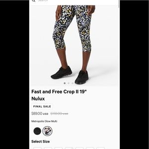 Lululemon fast and free crop 19” size 10